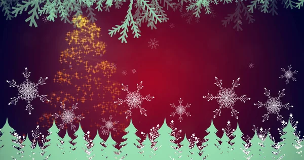 Obraz Spadającego Śniegu Nad Symbolami Bożego Narodzenia Czerwonym Tle Boże — Zdjęcie stockowe