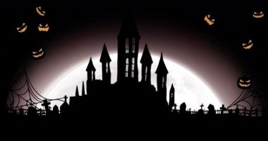 Dallara asılı Jack O fenerlerinin animasyonu ve mavi arka plandaki cadılar bayramı evleri. Korku, korku, cadılar bayramı geleneği ve dijital olarak üretilen video konsepti. .