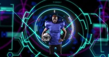 Afrika kökenli Amerikalı erkek rugby oyuncusunun animasyonu siyah arkaplanda tarama yapıyor.