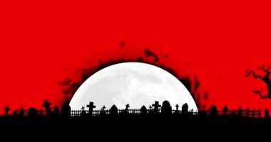 Kırmızı arka planda alevlerin ve cadılar bayramı mezarlığının animasyonu. Korku, korku, cadılar bayramı geleneği ve dijital olarak üretilen video konsepti.