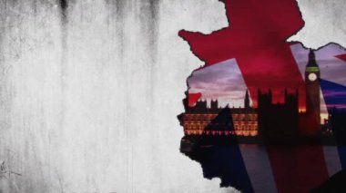Hareket eden İngiliz bayrağı, Parlamento Binası ve Kule Köprüsü 'nün olduğu kirli gri ekranın animasyonu. İngiliz iş ekonomisi konsepti dijital olarak oluşturulmuş imaj.