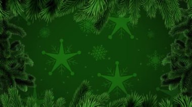 Yeşil arka plandaki kar tanelerinin üzerindeki köknar ağacı çerçevesinin animasyonu. Noel, gelenek ve kutlama konsepti dijital olarak oluşturuldu.