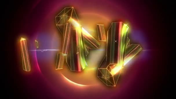Digitale Animatie Van Gouden Kristallen Tegen Roze Spiraalvormige Lichtsporen Zwarte — Stockvideo