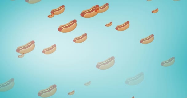 Animación Varios Hot Dogs Flotando Sobre Fondo Azul Concepto Comida — Vídeo de stock