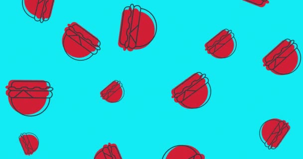 Animation Multiple Red Hamburgers Floating Blue Background Fast Food Eating — Stock Video