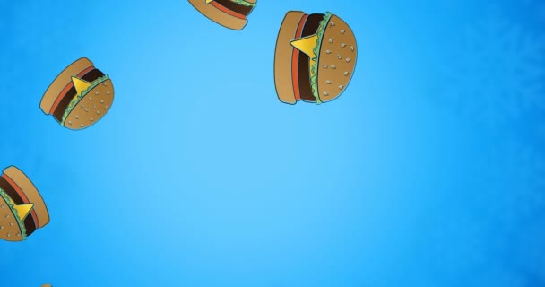 Animace Více Cheeseburgerů Plovoucích Modrém Pozadí Fast Food Pojetí Stravování — Stock video