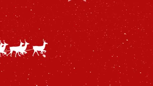 Animatie Van Santa Sleeën Kerstballen Sneeuw Vallen Rode Achtergrond — Stockvideo