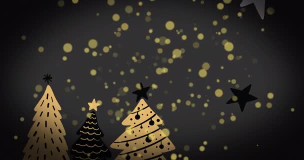 Animación Puntos Dorados Estrellas Sobre Árbol Navidad Sobre Fondo Gris — Vídeo de stock