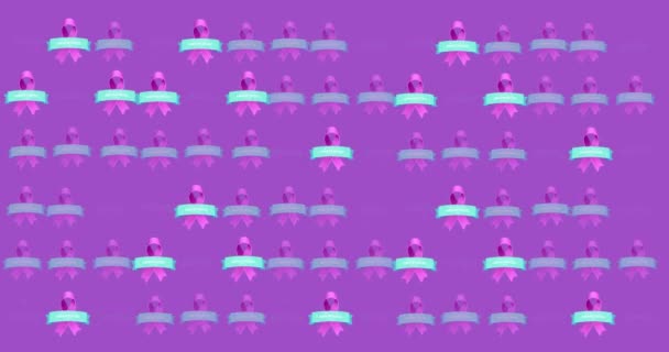 Анимирование Проверенного Текста Розовой Лентой Фиолетовом Фоне Концепция Кампании Повышению — стоковое видео