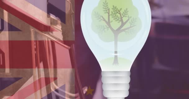 Tree Bulb Flag Great Britain European Union Charging Electric Car — Stock Video