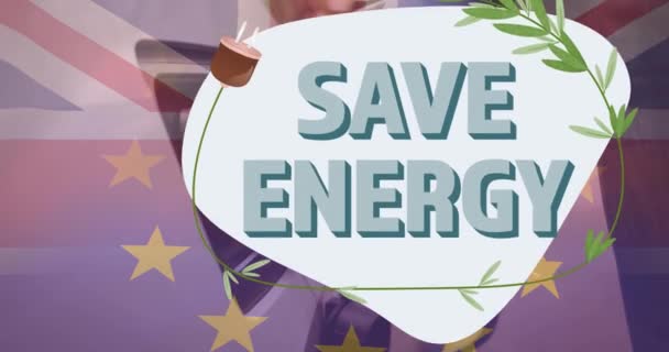 Uložit Energetický Text Přes Vlajku Velké Británie Muž Nabíjení Elektromobil — Stock video
