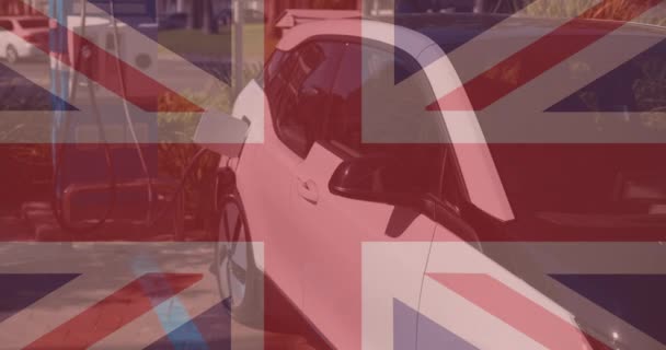 Bandera Gran Bretaña Sobre Carga Coches Eléctricos Estación Carga Vehículos — Vídeos de Stock