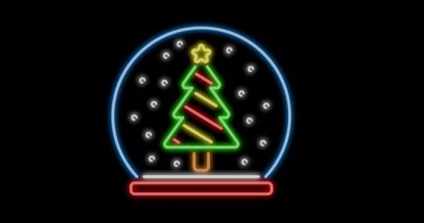 Animación Bola Nieve Navidad Neón Con Árbol Sobre Fondo Negro — Vídeos de Stock