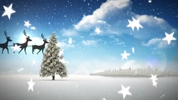 Animación Nevadas Estrellas Trineo Ciervos Sobre Paisaje Invernal — Vídeo de stock