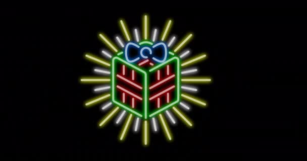 Animacja Neonowych Świąt Obecnych Czarnym Tle Koncepcja Świąt Bożego Narodzenia — Wideo stockowe