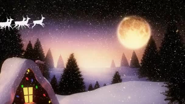 Animation Von Schneefall Schlitten Und Rentieren Über Der Winterlandschaft — Stockvideo