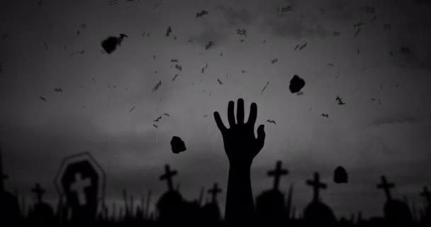 Κινούμενα Σχέδια Του Halloween Χέρι Νυχτερίδες Και Νεκροταφείο Γκρι Φόντο — Αρχείο Βίντεο