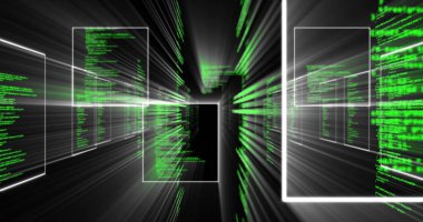 Veri işleme ve dijital bilginin siyah arkaplandaki etkileşimli ekranlar ağında akışı. Dijital olarak oluşturulan küresel ağ ve veri işleme kavramı.