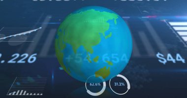 Dünya çapında dönen finansal veri işleme görüntüsü. küresel finans teknolojisi dijital arayüz konsepti dijital olarak oluşturulmuş görüntü.