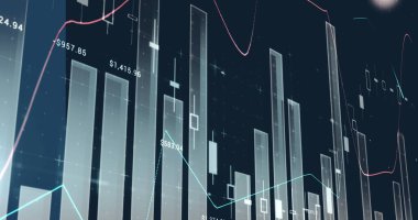 Mavi arka planda hareket eden işaretlerin üzerindeki finansal veri işleme resmi. küresel finansman, iş ve bağlantı konsepti dijital olarak oluşturulmuş görüntü.