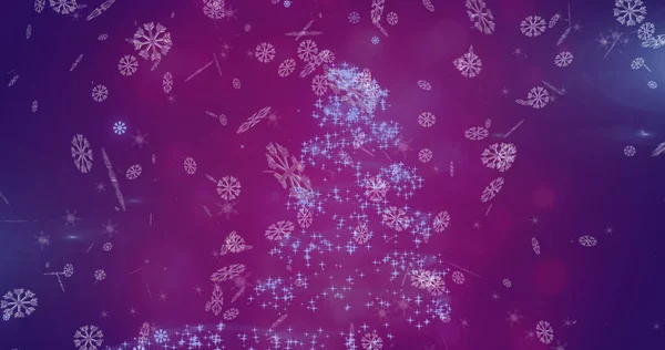 Image Snow Falling Christmas Tree Pattern Purple Background Christmas Tradition — Stock Photo, Image