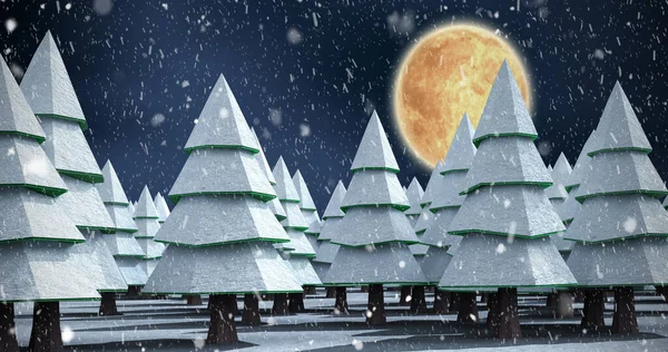 Imagen Nieve Cayendo Sobre Paisaje Nocturno Invierno Con Abetos Navidad — Foto de Stock