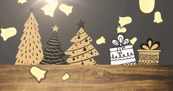 Bild Von Schnee Und Glocken Die Über Weihnachtsbäume Und Geschenke — Stockfoto