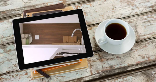 Image Digital Tablet House Kitchen Interiors Displayed Screen Cup Coffee — Stock Photo, Image