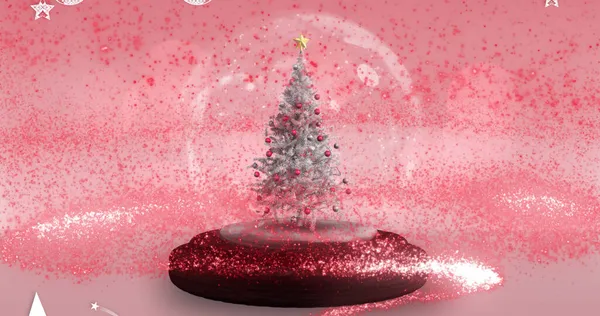 Afbeelding Van Vallende Sterren Sneeuwbol Met Kerstboom Roze Achtergrond Kerstmis — Stockfoto