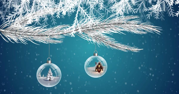 Mavi Arkaplana Düşen Karla Süslenmiş Köknar Ağacı Resmi Noel Gelenek — Stok fotoğraf