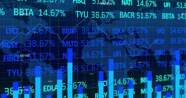 株式市場のイメージと青のラインが上下に行くと青の輝く金融データ処理 黒の背景に世界地図 グローバル金融ビジネスの概念デジタル的に生成されたイメージ — ストック写真