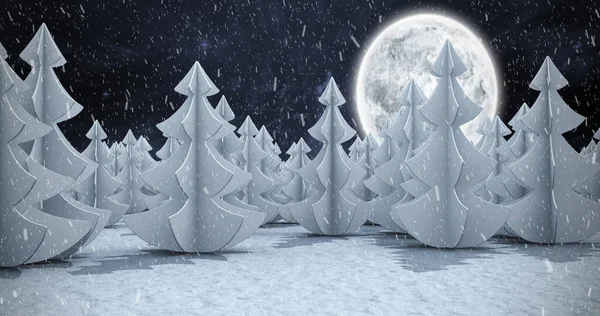 Imagen Nieve Cayendo Sobre Paisaje Nocturno Invierno Con Abetos Navidad — Foto de Stock