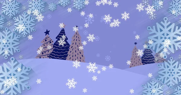 在蓝色背景的圣诞树图案上飘落着雪的图像 圣诞节 传统和庆祝概念数字生成的图像 — 图库照片