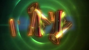 Altın kristallerin dijital animasyonu siyah arka plandaki yeşil spiral ışık izlerine karşı. Soyut doku kavramına sahip teknoloji arkaplanı