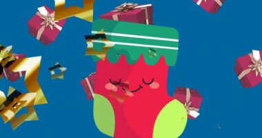 Mutlu noel karikatürlerinin üzerine düşen yıldızların ve hediyelerin animasyonu. Noel, gelenek ve kutlama konsepti dijital olarak oluşturuldu.