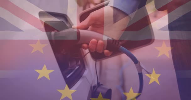 Zászló Nagy Brit Európai Unió Felett Ember Charing Elektromos Autó — Stock videók