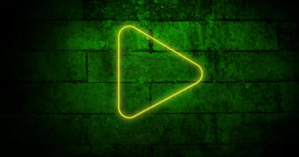 Animation Glowing Neon Play Button Icon Brick Wall Social Media — Stock Video