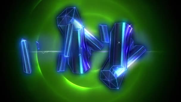 Digitale Animatie Van Blauwe Kristallen Tegen Groene Spiraalvormige Lichtsporen Zwarte — Stockvideo