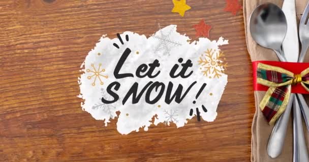 Animation Let Snow Christmas Text Spoon Wooden Table Christmas Tradition — Stock Video