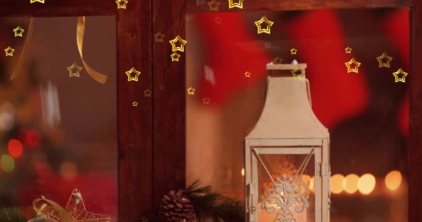 Animação Estrelas Caindo Sobre Janela Inverno Com Decorações Natal Natal — Vídeo de Stock