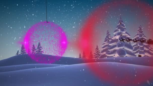 Kar Yağışının Animasyonu Noel Ağacı Süslemeleri Kış Manzarası Boyunca Kızak — Stok video