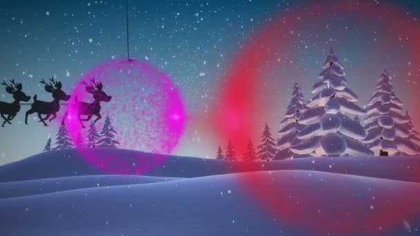 Анімація Падіння Снігу Різдвяні Прикраси Ялинці Санки Оленів Над Зимовим — стокове відео