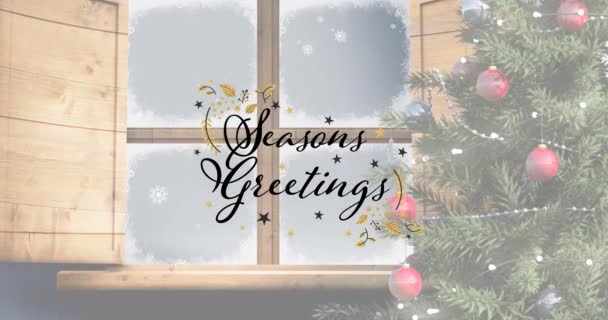 冬の雪の窓の上に木とクリスマスのテキストを迎える季節のアニメーション クリスマス お祝いのコンセプトをデジタルで — ストック動画