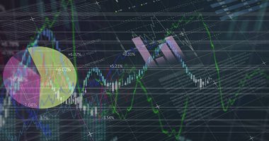 Finansal veri işleme ve arka plandaki şebekeye kaydedilen istatistiklerin resmi. küresel finansman, iş ve bağlantı konsepti dijital olarak oluşturulmuş görüntü.