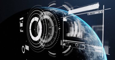 Dünya 'daki veri işleme sistemindeki tarama ve arayüz görüntüsü. Küresel işletmeler ağ oluşturma kavramını dijital olarak oluşturdu.