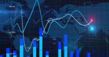 Dünya haritası üzerinde finansal veri işleme sahip çizgilerin resmi. küresel finans teknolojisi dijital arayüz konsepti dijital olarak oluşturulmuş görüntü.