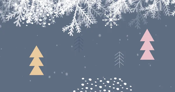 Bild Granen Och Snö Faller Över Träd Grå Bakgrund Jul — Stockfoto