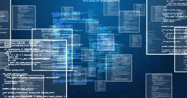Kék Hátterű Interaktív Képernyők Hálózatán Keresztül Áramló Adatfeldolgozás Digitális Információ — Stock Fotó