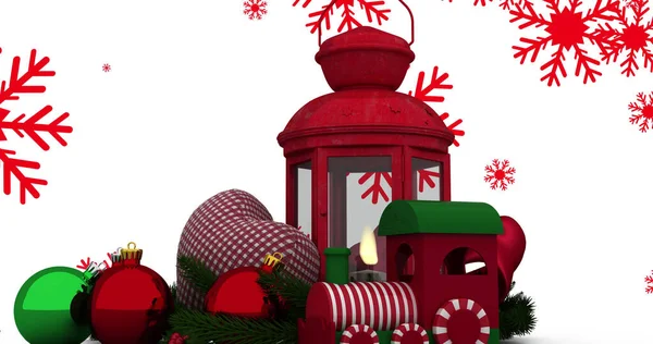 Afbeelding Van Kerstversieringen Met Kerstballen Lantaarn Sneeuw Die Witte Achtergrond — Stockfoto