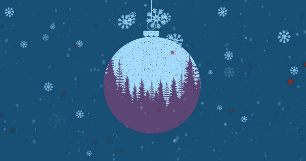 Image Snow Falling Christmas Bauble Trees Blue Background Christmas Tradition — Stock Photo, Image